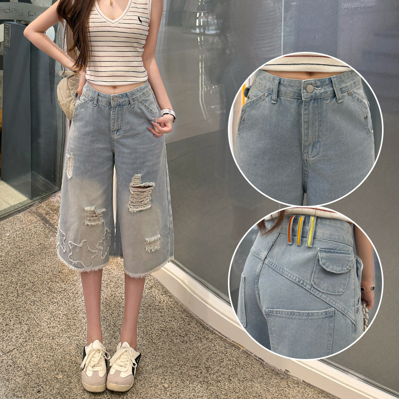 七分破洞牛仔裤女夏薄款2026新款显瘦宽松休闲毛边韩版辣妹直筒裤