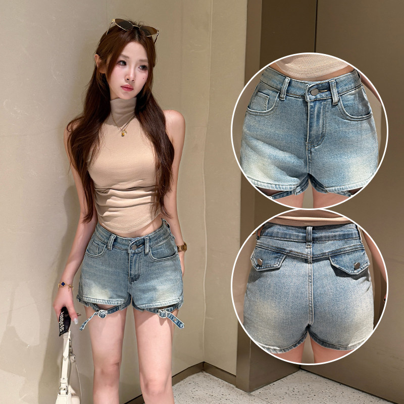 牛仔短裤女夏薄款2026新款潮流显瘦百搭洋气辣妹弹力时尚绑带短裤
