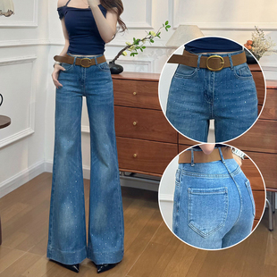 不贴腿烫钻喇叭牛仔裤女春夏季2026新款白领辣妹显瘦弹力拖地裤子