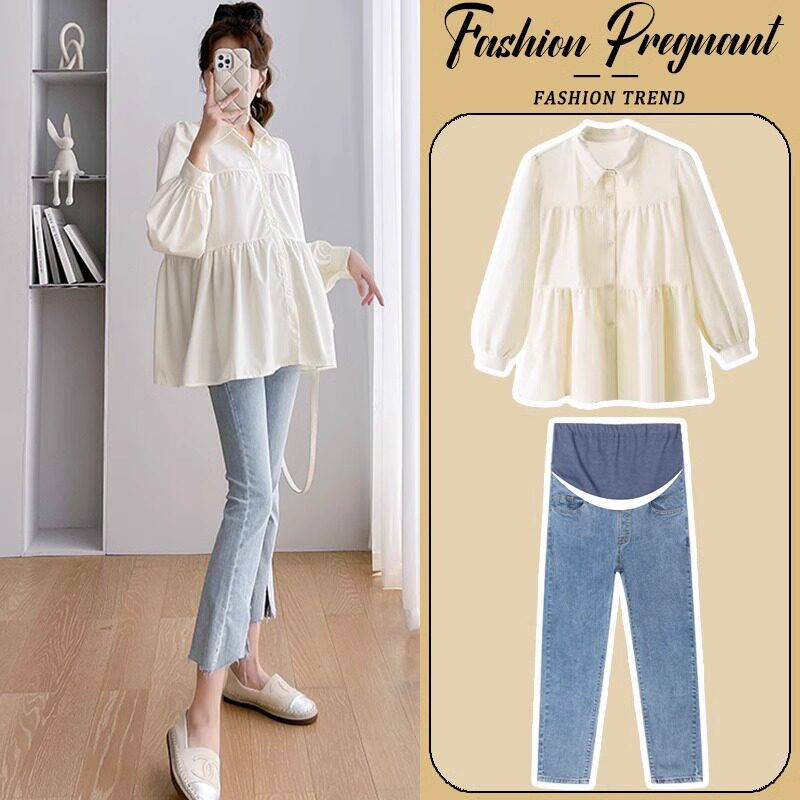 BRITISH NEXT KISS 산모복 봄 가을 패션 2024 신상 셔츠와 청바지 투피스 세트