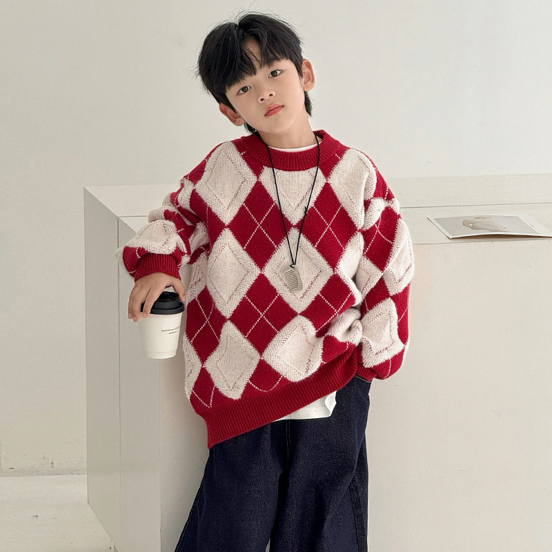 男童红色毛衣冬季加厚儿童线衣秋冬新款中大童装冬装针织衫潮，童装毛衣，摩比熊