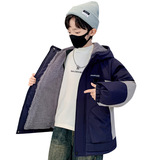 男童加绒加厚外套秋冬款新款中大儿童冬装夹棉风衣男孩帅气潮，童装棉衣，摩比熊