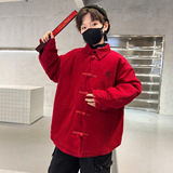男童拜年服外套汉服新款中大儿童喜庆红色新年棉服唐装上衣潮，童装棉衣，摩比熊