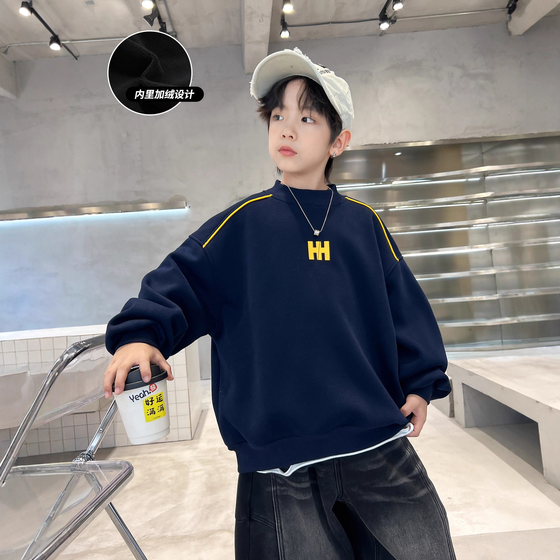 儿童装男童冬季一体加绒卫衣新款中大童款加厚男孩上衣潮，童装卫衣/绒衫，摩比熊