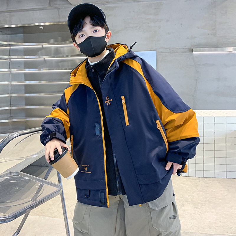 童装男童秋冬夹棉连帽外套新款大童冬季三合一可拆卸冲锋衣潮，童装棉衣，摩比熊