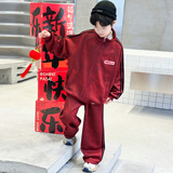 男童加绒套装秋冬款新款大儿童冬季加厚本命新年红色拜年衣服，童装休闲套装，摩比熊