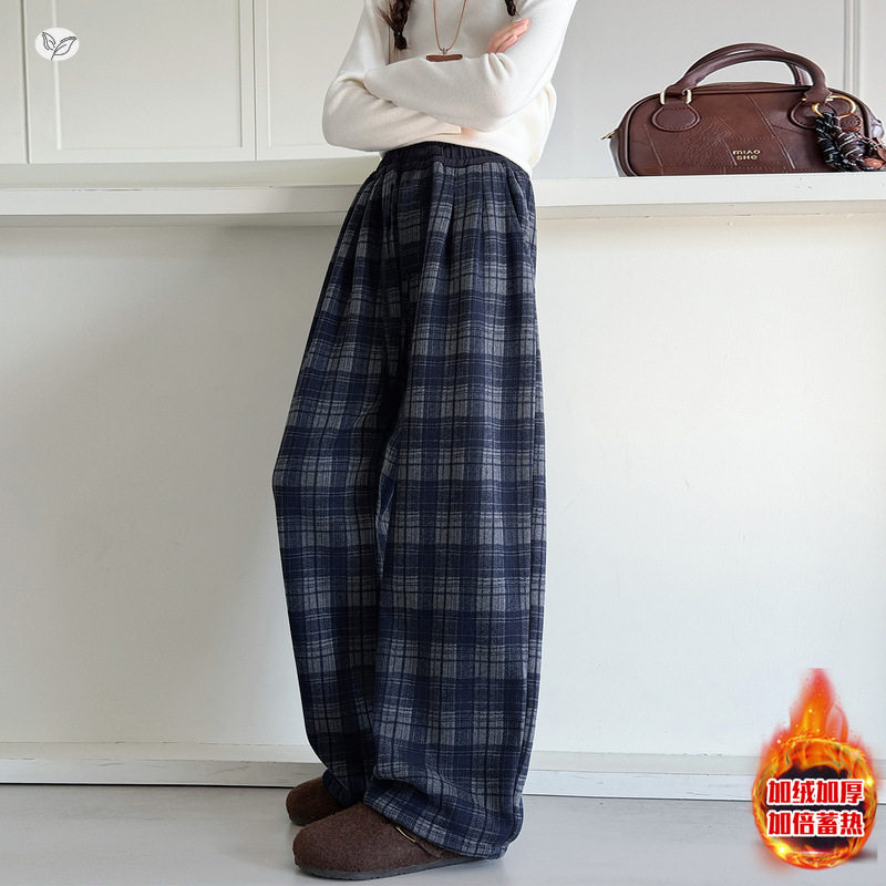 女童加绒格子裤年秋冬新款休闲直筒裤中大童加厚外出阔腿长裤，童装裤子，摩比熊
