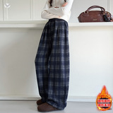 女童加绒格子裤年秋冬新款休闲直筒裤中大童加厚外出阔腿长裤，童装裤子，摩比熊