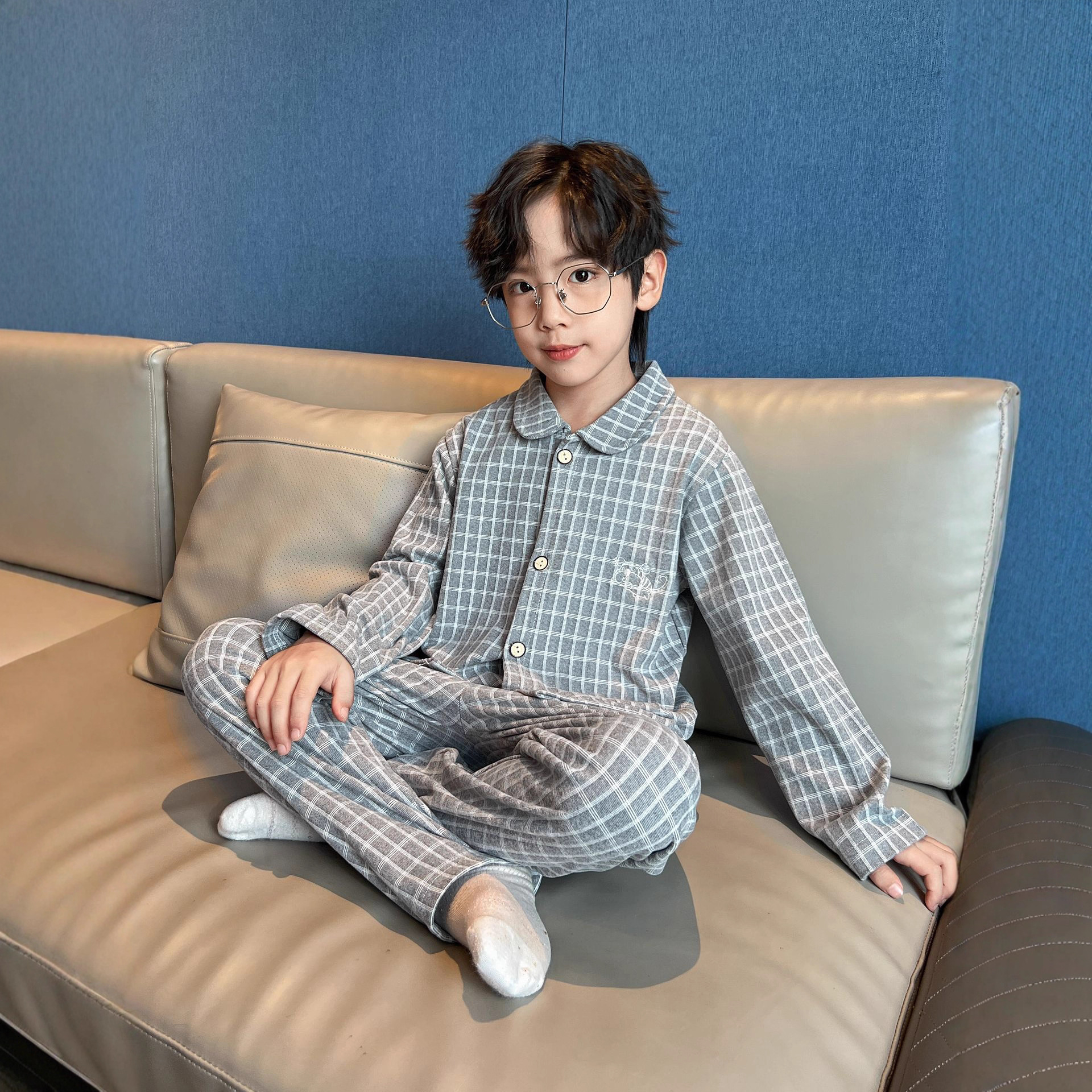 男童秋衣秋裤秋冬款新款冬装中大童格子开衫德绒内衣套装保暖，童装家居服（睡衣），摩比熊