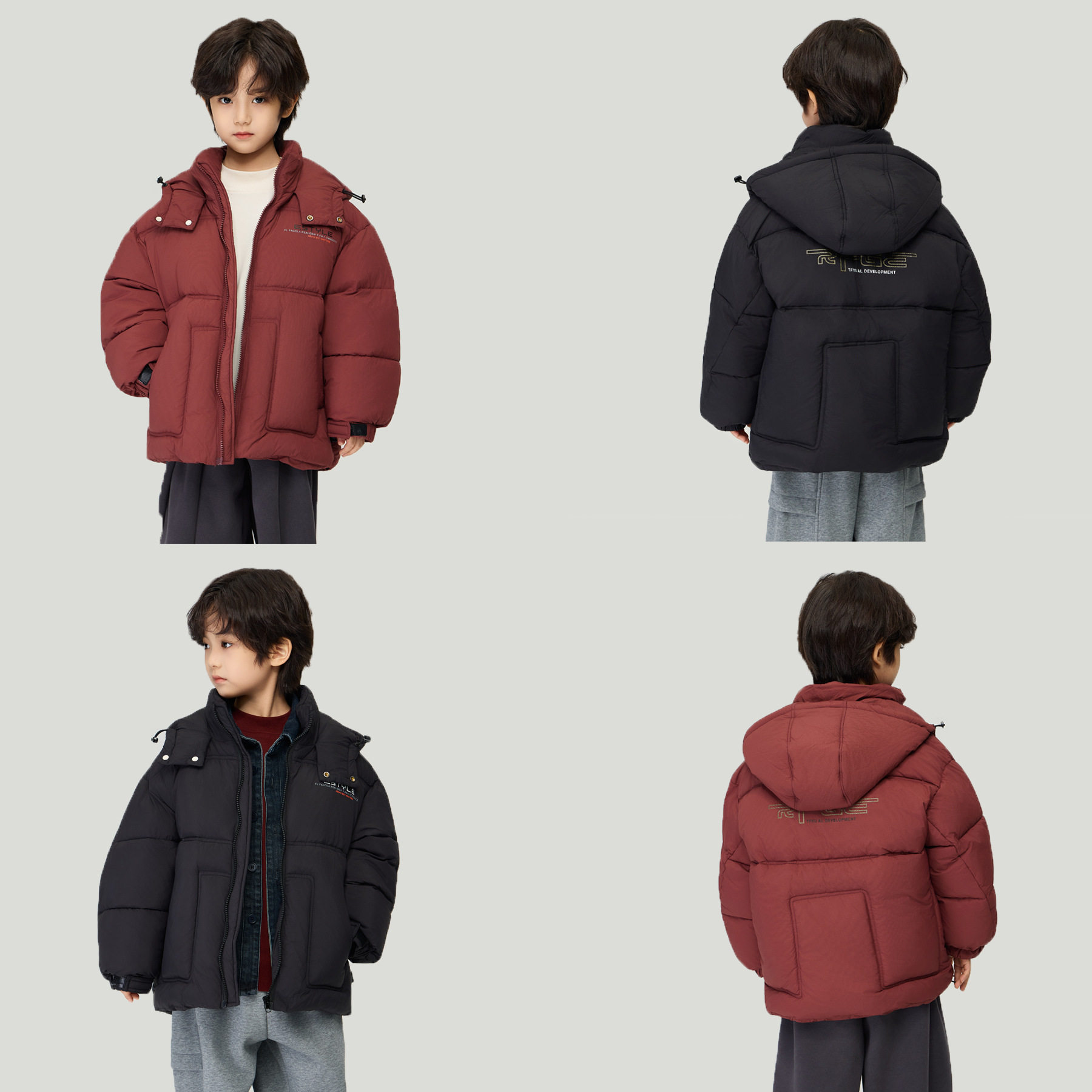 冬季新年款儿童加厚洋气红连帽外套男中大童发热保暖面包棉服，童装棉衣，摩比熊