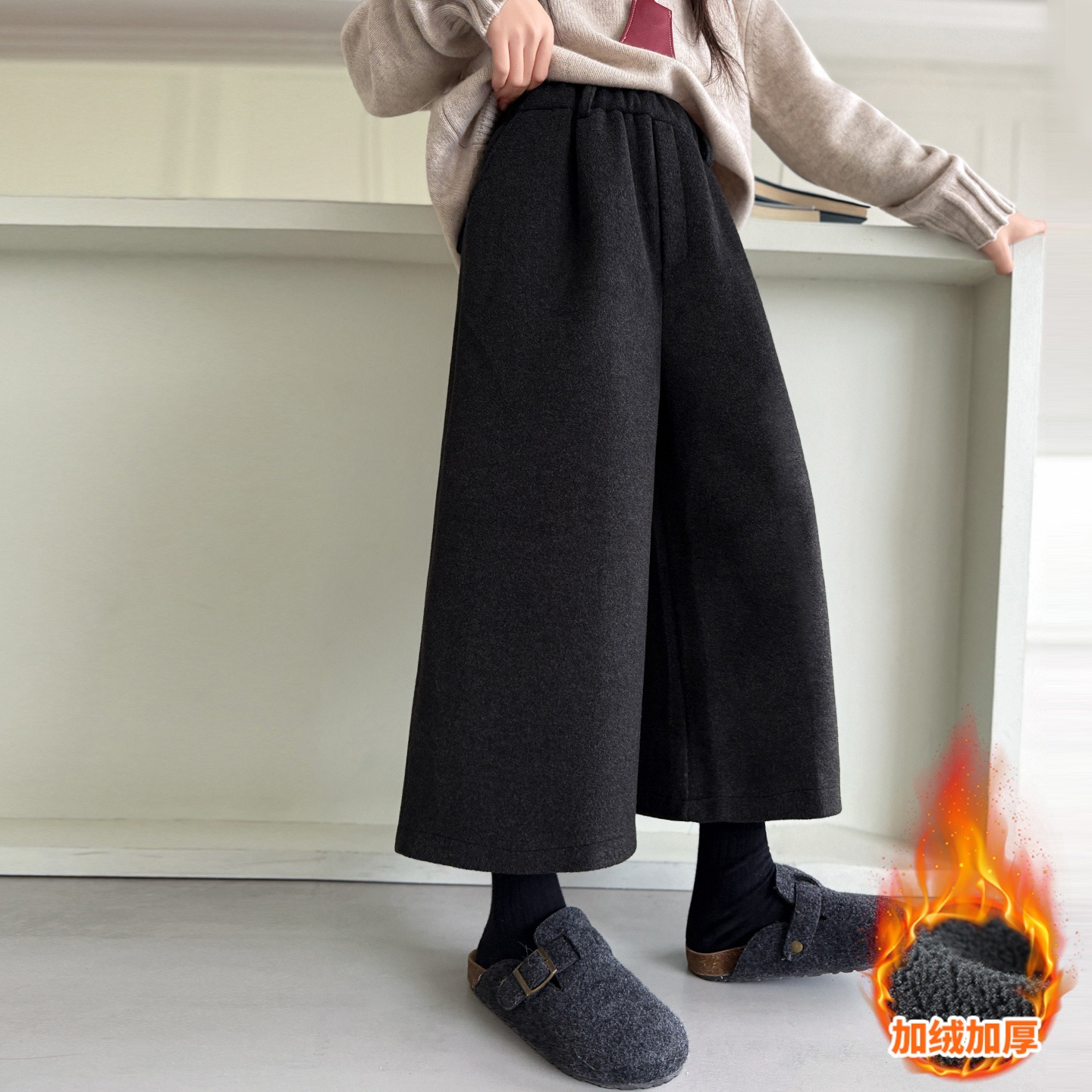 女童加绒毛呢阔腿裤秋冬新款宽松保暖九分裤初中生加厚呢子裤，童装裤子，摩比熊