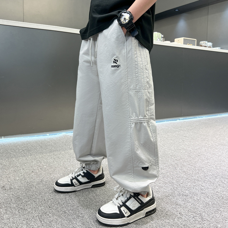 儿童防蚊裤夏季新款速干冰丝透气网孔男童裤子中大童长裤薄运动潮，童装裤子，摩比熊