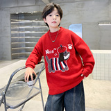 男童冬季加厚红色毛衣新款儿童秋冬款大童本命新年马年拜年服，童装毛衣，摩比熊