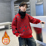 男童冬装菱格提花红色年服毛衣大童冬季加厚保暖针织毛线衣潮，童装毛衣，摩比熊