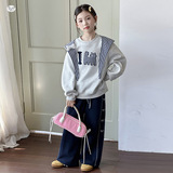 女童加绒卫衣套装秋冬新款中大童卡通刺绣套头衫阔腿裤两件套，童装休闲套装，摩比熊