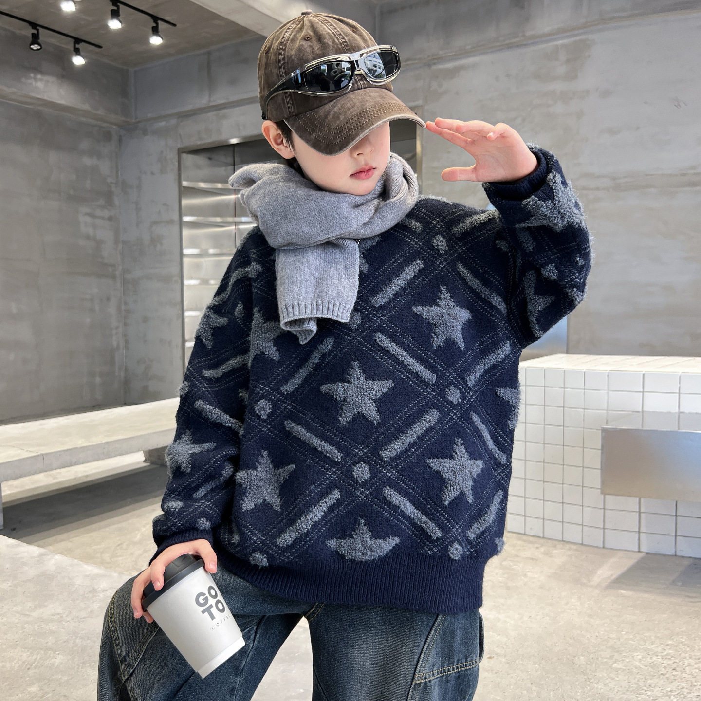 儿童装男童毛衣冬季新款中大童秋冬款针织衫加厚水貂绒打底衫，童装毛衣，摩比熊