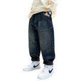 男童冬装多口袋加绒牛仔裤子大童新款冬季一体绒宽松保暖长裤，童装裤子，摩比熊