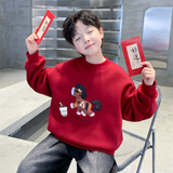 男童冬季加绒红色卫衣新款中大童款儿童本命新年马年衣服，童装卫衣/绒衫，摩比熊