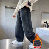 儿童装男童冬季裤子新款中大童保暖秋冬款一体加绒加厚牛仔裤，童装裤子，摩比熊