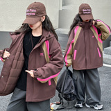 女童韩版休闲宽松拼色夹棉冲锋洋气女孩运动加厚连帽外套，童装外套，摩比熊