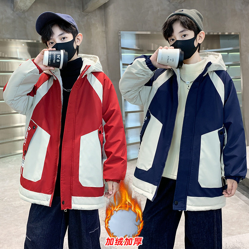 男童冬装棉服外套秋冬新款大童男孩帅气冬季加绒连帽拼接棉衣，童装棉衣，摩比熊