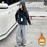 女童秋冬加绒打底衫新款笑脸刺绣长袖上衣中大童休闲绒衫内搭，童装T恤，摩比熊