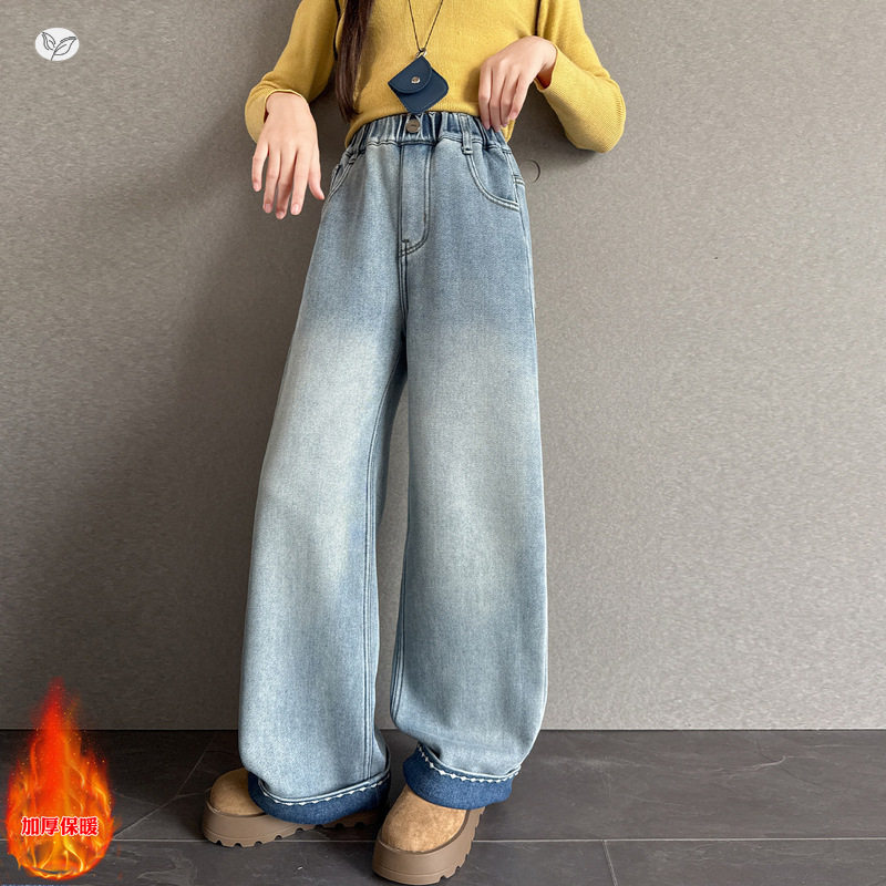 女童加绒阔腿裤年秋冬新款中大童撞色卷边牛仔裤刺绣直筒长裤，童装裤子，摩比熊