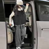 女童秋冬款韩版休闲加厚马甲加绒格子裤套装女大童洋气儿童秋装潮，童装马甲，摩比熊