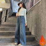 女童牛仔裤秋冬加绒新款波纹拼接阔腿裤中大童设计感冬装长裤，童装裤子，摩比熊