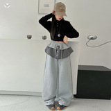 女童年冬季新款拼接格子屁帘加绒休闲女大童洋气阔腿裤潮，童装裤子，摩比熊