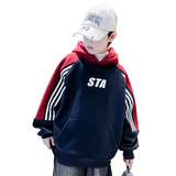 男童冬季装拼色卫衣加绒加厚儿童插肩袖上衣一体绒青少年红色年服，童装卫衣/绒衫，摩比熊