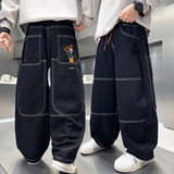外贸儿童裤子新款中大男童春秋款明线牛仔裤潮酷时尚直筒长裤，童装裤子，摩比熊