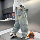 男童牛仔裤秋冬加绒工装裤子新款儿童休闲裤中大童秋冬季长裤，童装裤子，摩比熊