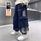 男童加绒裤子新款秋冬款一体绒男孩加厚运动大儿童冬季工装裤，童装裤子，摩比熊