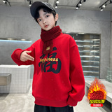 男童季卫衣加绒加厚新款儿童一体绒大童冬装红色男孩上衣，童装卫衣/绒衫，摩比熊