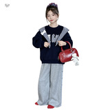 女童加绒卫衣套装秋冬新款中大童卡通刺绣套头衫阔腿裤两件套，童装休闲套装，摩比熊