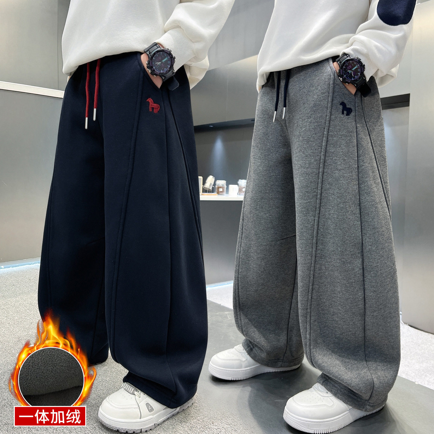 男童秋冬款加绒加厚新款一体绒大童冬季运动儿童直筒裤子，童装裤子，摩比熊