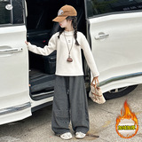 女童绒衫年秋冬新款花边领口纯色打底衫中大儿童百搭长袖上衣，童装T恤，摩比熊