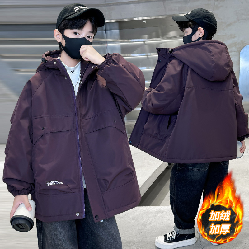 儿童装男童冬装兔毛外套新款秋冬款中大童男孩冬季加厚派克服，童装外套，摩比熊