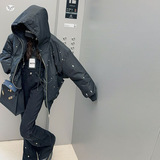 女童冬季新款时尚甩漆潮酷棉衣牛仔喇叭裤套装中大童加绒保暖，童装休闲套装，摩比熊