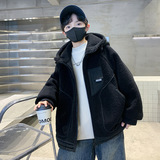 男童冬装加绒外套新款儿童秋冬季中大童男孩加厚羊羔绒毛毛衣，童装外套，摩比熊