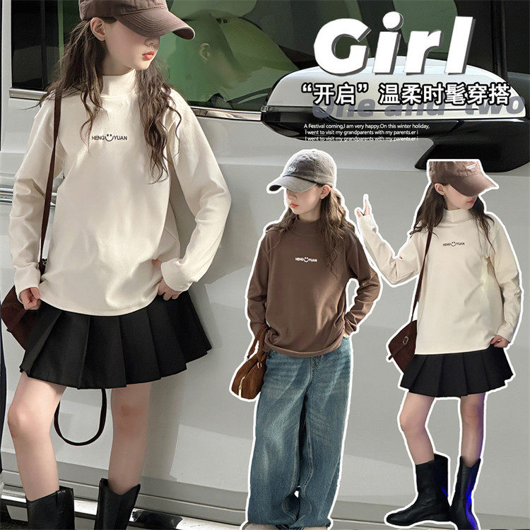 女童德绒打底衫秋冬新款儿童加绒上衣内搭女大童冬季长袖t恤，童装T恤，摩比熊