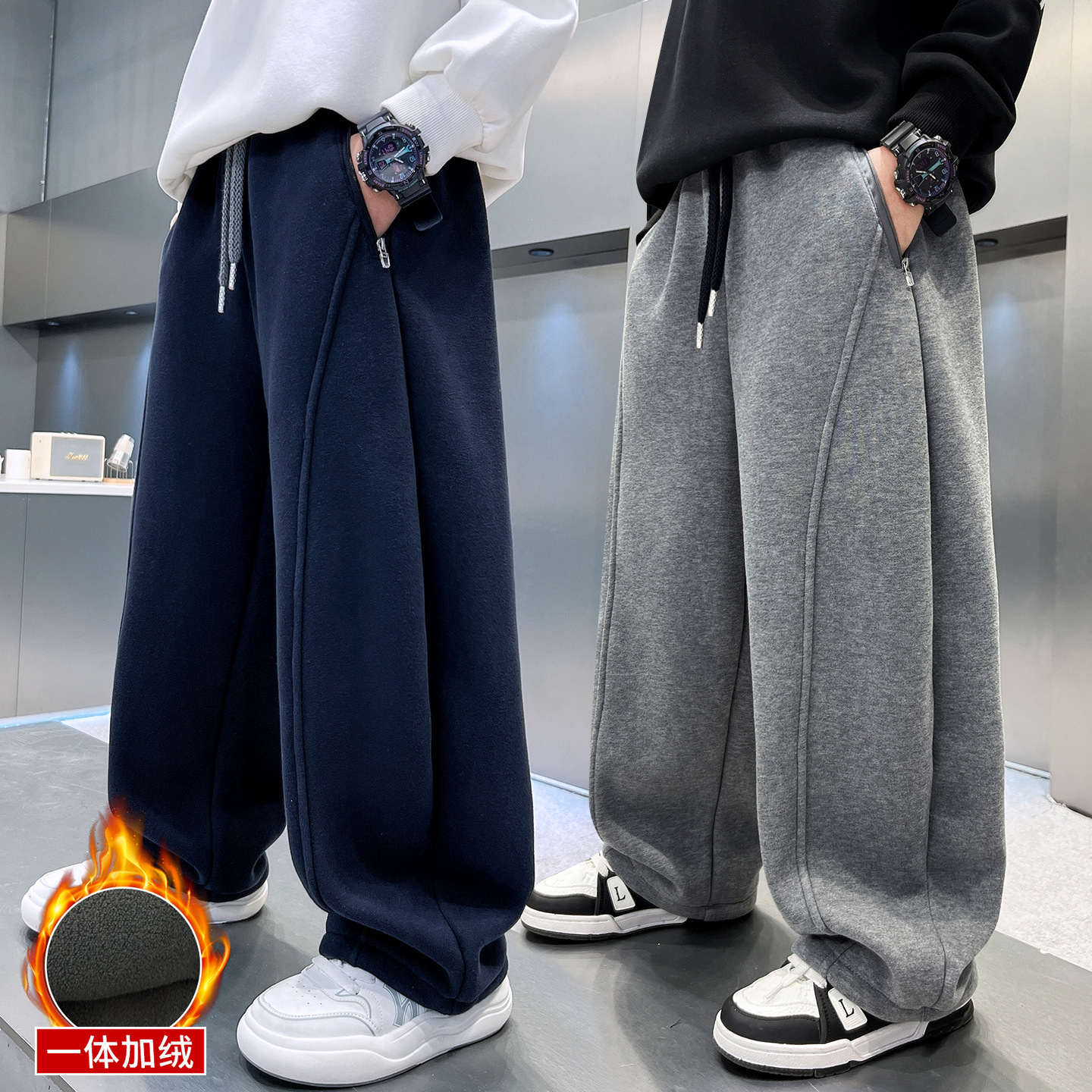 男童加绒裤子秋冬款新款儿童装冬季一体加厚运动男孩冬装，童装裤子，摩比熊