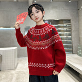 男童加厚红色毛衣冬季新款儿童中大童本命马年冬装过新年衣服，童装毛衣，摩比熊
