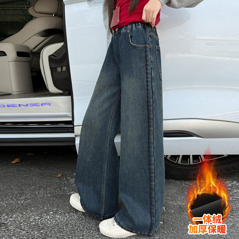 女童加绒裤子秋冬女大童韩系超好看直筒裤女孩休闲裤初中生牛仔裤，童装裤子，摩比熊