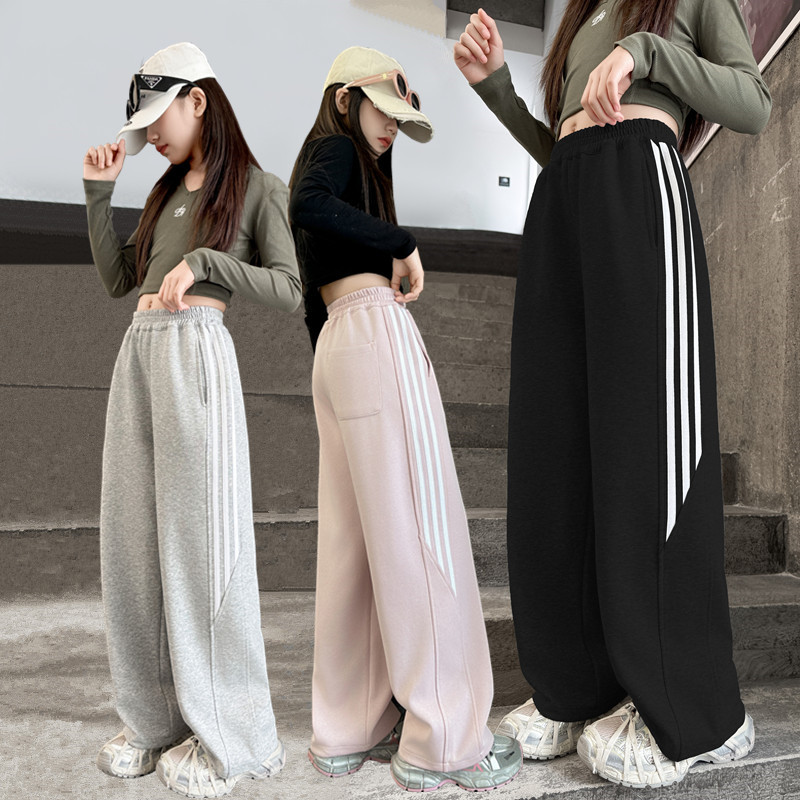 女童秋装直筒拉条运动针织裤子新款春秋儿童宽松长裤，童装裤子，摩比熊