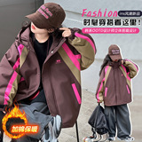 女童韩版休闲宽松拼色夹棉冲锋洋气女孩运动加厚连帽外套，童装外套，摩比熊