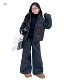 女童年冬季新款拼接格子棉服同系列格子裤套装女大童加绒套装，童装休闲套装，摩比熊