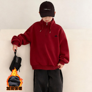 男童红色卫衣冬季儿童加绒加厚一体绒本命年衣服大童马年男孩，童装卫衣/绒衫，摩比熊