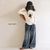 女童年冬季新款前贴口袋复古牛仔裤女大童冬季加绒加厚阔腿裤，童装裤子，摩比熊